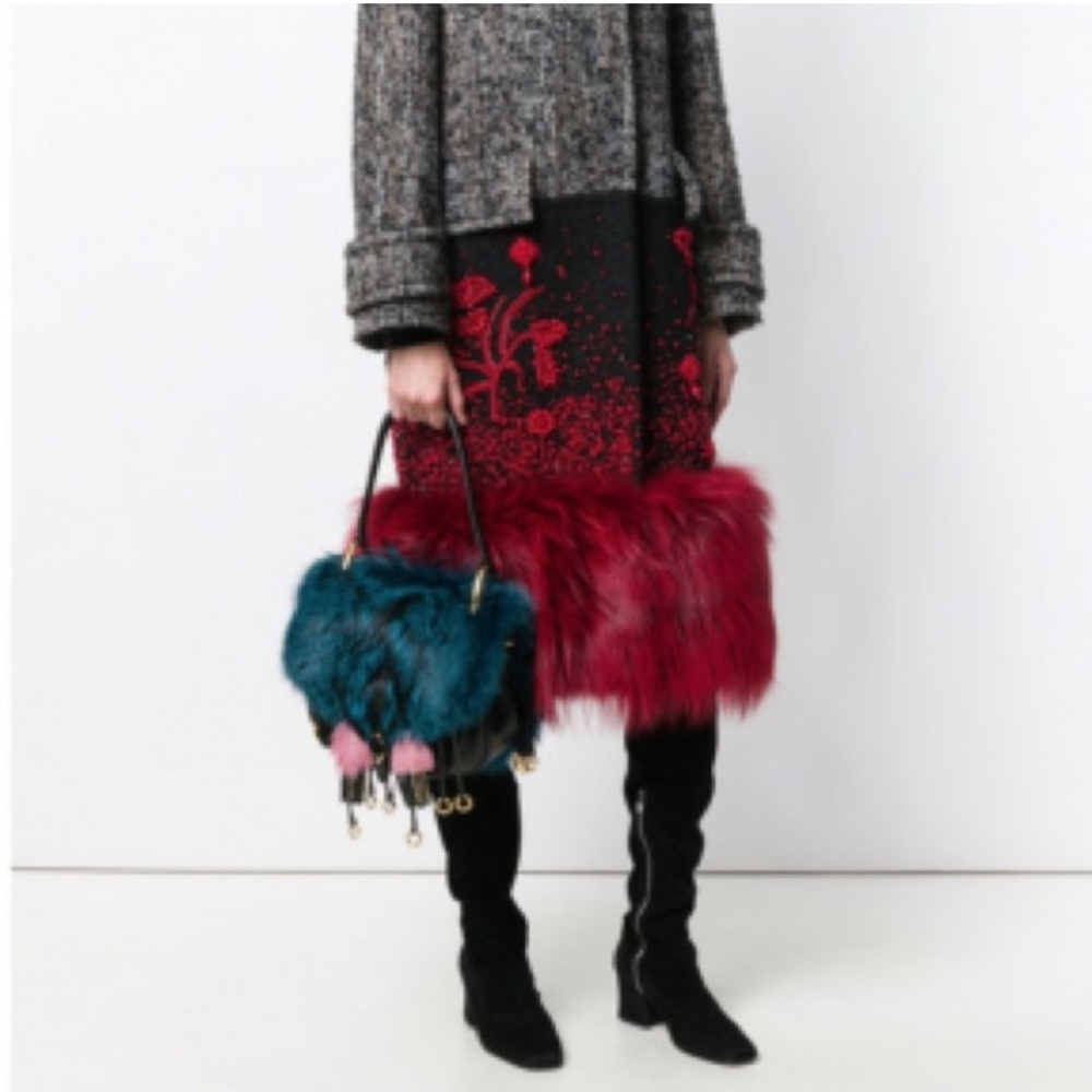 PRADA CORSAIRE FOX-FUR AND LEATHER SHOULDER BAG IN BLUE - Picture 2 of 13